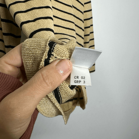 ST. JOHN santana knit striped sweater womens S tan black logo Lightweight - Picture 7 of 7